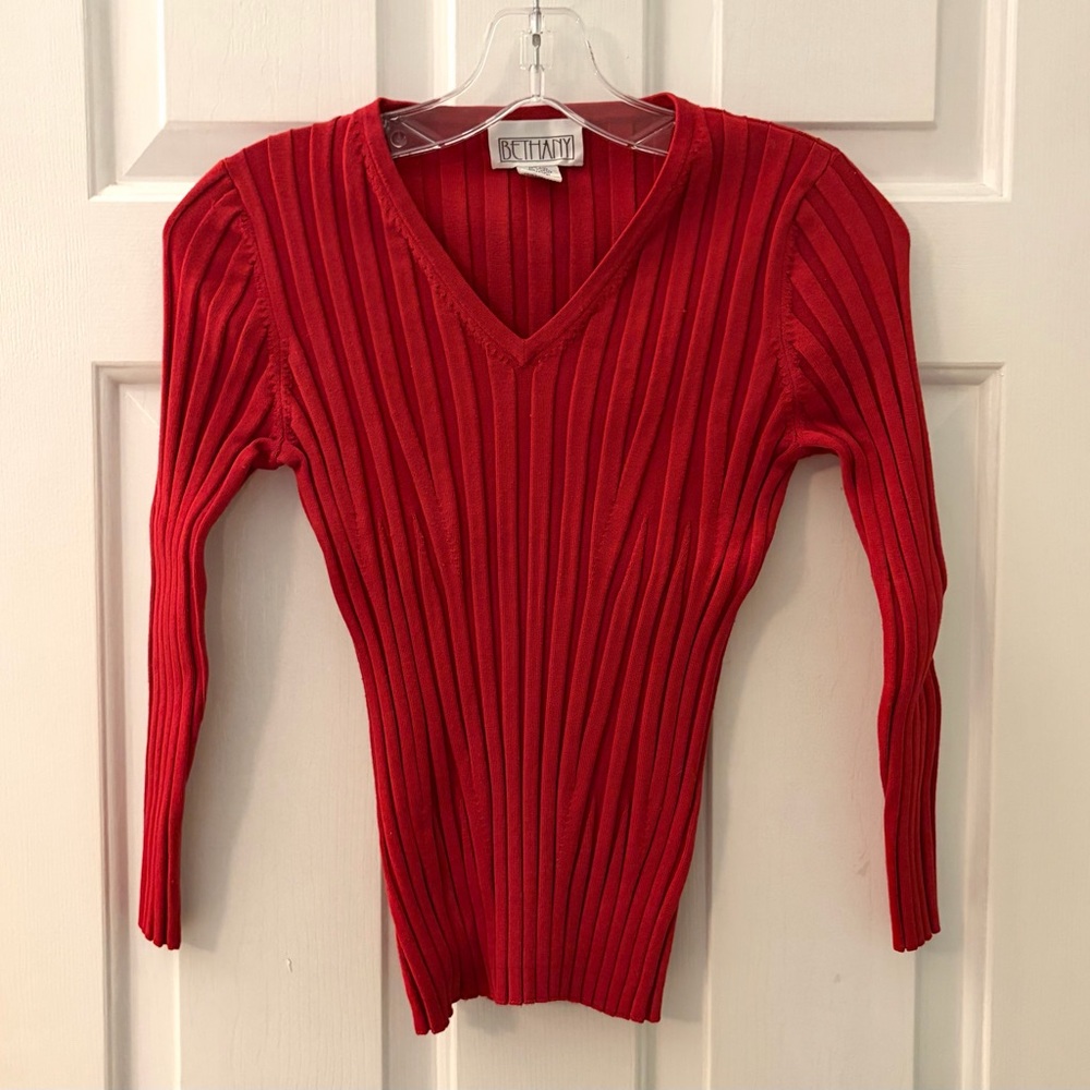 Bethany Vintage Red Silk Ribbed Knit Stretch Long Sleeve Top Womens size PS